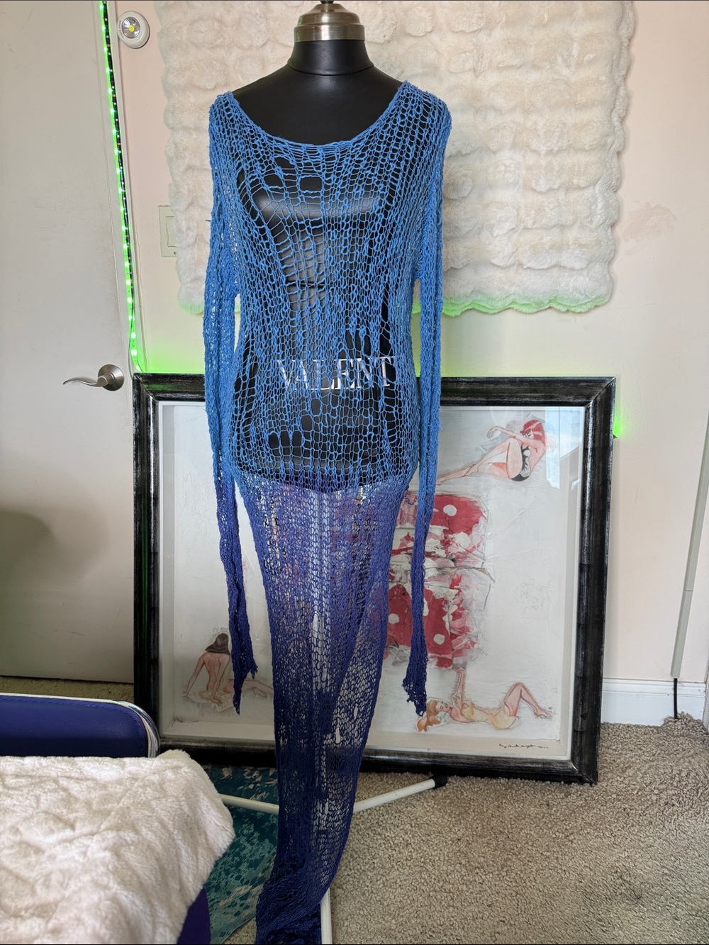 Current Mood Blue Ombre Crochet Maxi Dress with Fringe